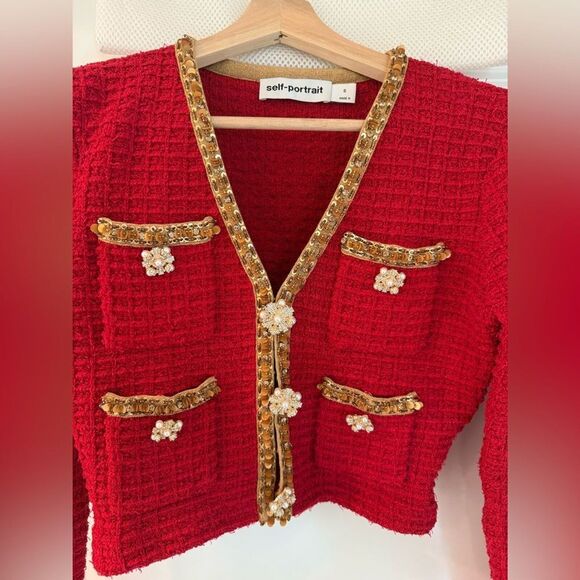 NWOT SELF-PORTRAIT BEAD-EMBELLISHED WAFFLE-KNIT V NECK TWEED CARDIGAN - RED - Picture 9 of 14